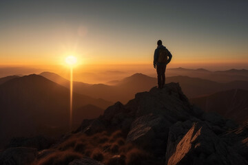 Silhouette of a person at the top mountain peak at sunset.