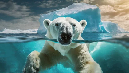 Foto op Plexiglas A desperate white polar bear swimming in front of an iceberg drifting in the sea, melting ice due to climate change and global warming. Generative Ai. © Alberto Masnovo