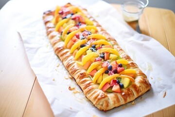 a danish braid with fruit filling on a parchment paper