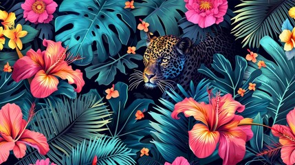 Tropical exotic pattern with animal and flowers in bright colors and lush vegetation - obrazy, fototapety, plakaty