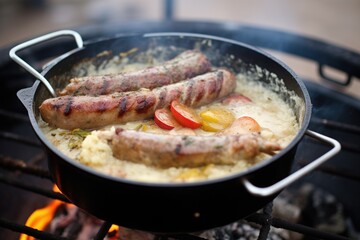 bangers on grill with mashed potatoes in a pot