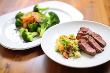 beef and broccoli with a side salad and dressing
