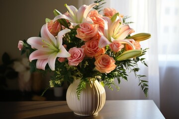  a white vase filled with lots of pink and orange flowers on top of a wooden table next to a window.