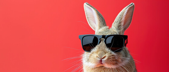 sweet easter bunny  wearing black sunglasses, on red background, with empty copy space - obrazy, fototapety, plakaty
