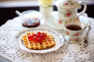 traditional belgian waffles with cherry compote on a lace doily