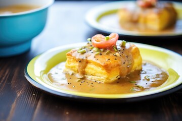 side angle of biscuit halves smothered in thick, peppery gravy