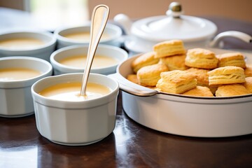 biscuits lined up with a gravy boat ready for pouring - obrazy, fototapety, plakaty
