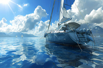 An White Sailboat In The Wind, A Sailboat In The Water - obrazy, fototapety, plakaty