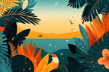Fototapeta na wymiar Summer Background With Copy Space, A Bird In A Tropical Forest