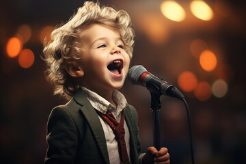 Little boy singing on the microphone on stage - obrazy, fototapety, plakaty