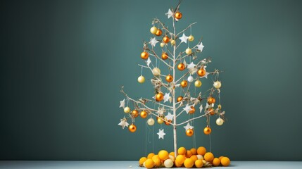  a christmas tree made out of oranges and a star ornament on a table with a green background.