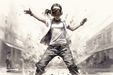 Girl hip-hop modern street dancer in drawing style