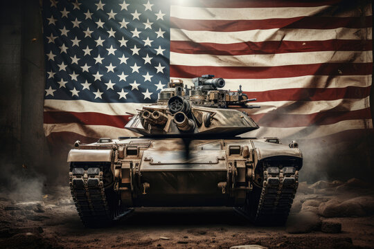 Tank with American or USA flag on the war field