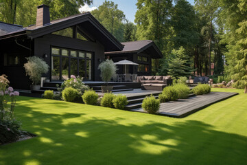 Fototapeta na wymiar Lawn on the backyard of a private house, landscape design