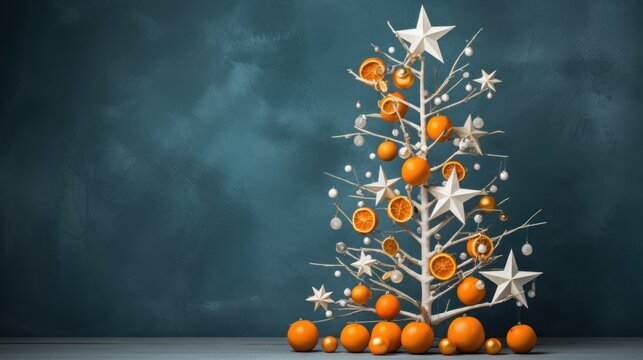  a christmas tree made out of oranges and silver stars on a blue background with a chalkboard wall in the background.