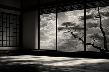  a black and white photo of a tree in front of a window with a cloudy sky and clouds behind it.