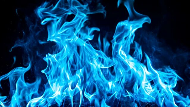 blue fire flame on dark background, butane gas video background looping