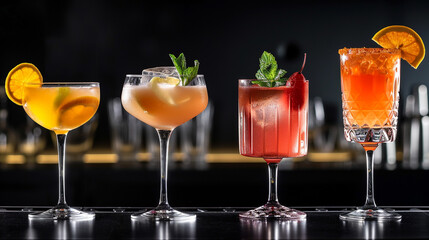 Fototapeta premium Cocktails in a studio setting are a mixture of aesthetic appeal and taste, with vibrant colors of the drink. The decor is minimalistic, elegant background, and alcoholic drinks. Professionalism.