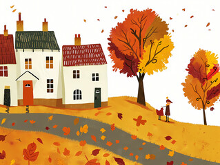 Sunny Background Soft And Gentle, A Cartoon Of A House With Trees And Leaves
