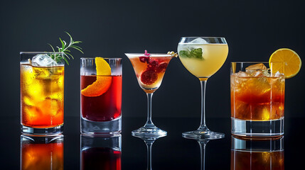 Cocktails in a studio setting are a mixture of aesthetic appeal and taste, with vibrant colors of the drink. The decor is minimalistic, elegant background, and alcoholic drinks. Professionalism.