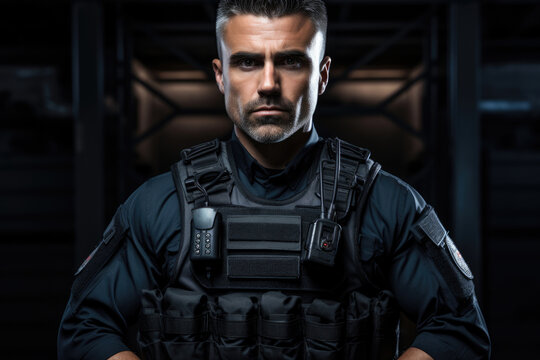 Serious man police officer in uniform and body armor