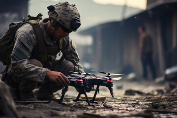 Soldier launches army drone for military reconnaissance, artillery aiming