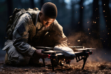 Soldier launches army drone for military reconnaissance, artillery aiming