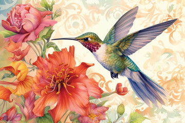 Fototapeta na wymiar a painting of a hummingbird flying over a bunch of flowers on a white and orange background with pink and red flowers.
