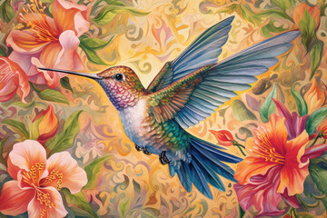  a painting of a hummingbird in flight with flowers in the foreground and a background of swirls and swirls.