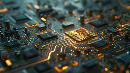 Close-up of a microprocessor chip on a circuit board. - obrazy, fototapety, plakaty