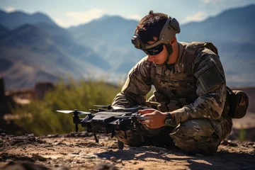 Fotobehang Soldier operator of a military drone launches a drone for reconnaissance of enemy territory © Michael
