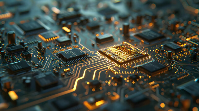 Close-up of a microprocessor chip on a circuit board.