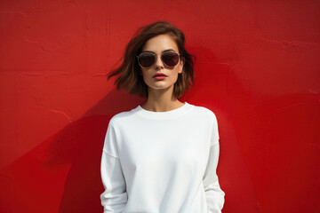Young beautiful woman in a white sweater and sunglasses on a red background