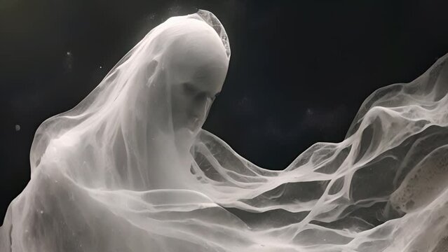 Spirit ghost on black background. Scary man silhouette in monochrome. Gloomy 2d animation. Dark maniac character in fog. Horror fantasy movie. Halloween ghost video clip. Spooky visions of hell. Black