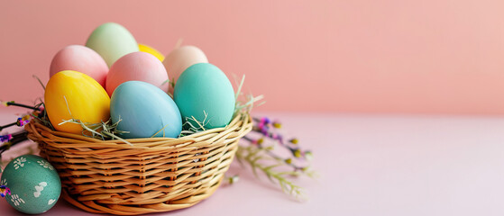 colorful Easter eggs in the basket, on a light pink background with empty copy space