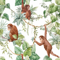 Beautiful seamless tropical pattern with hand drawn red haired orangutans in jungle plants and palm tree leaves. Stock design for wrapping, wallpapers and textile. - 715407833