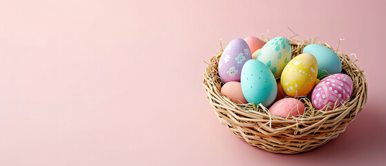 Fototapeta na wymiar colorful Easter eggs in the basket, on a light pink background with empty copy space