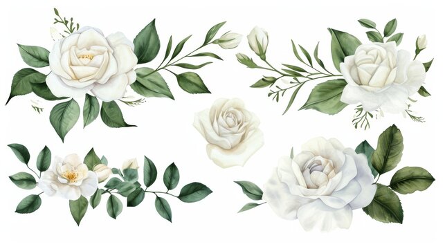 Set of watercolor on floral white rose branches. Wedding concept a white background