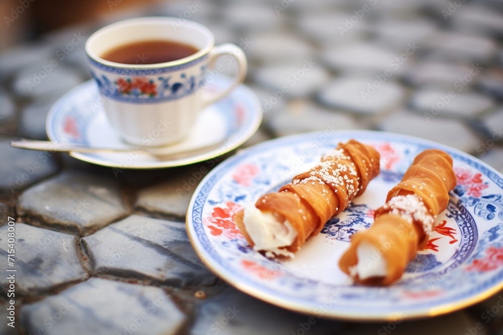 Wall mural coffee cup next to a plate of classic cannoli - Wall murals
