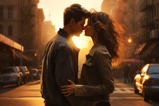 Portrait of young romantic beautiful couple kissing in street at sunset. Valentines day