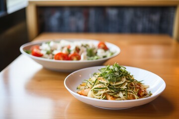 a caprese salad side dish next to a bowl of italian pasta