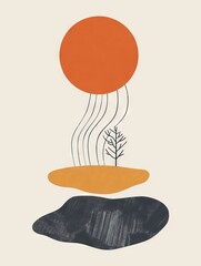 Minimalist abstract colorful mid century japandi style inspiration. Zen, balance, buddha, yoga, calm, charming and cosy vibes. Great for poster design or frame as decor. Simple shapes and lines.