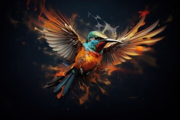  a colorful bird flying through the air with its wings spread out and wings spread out, with a black background.