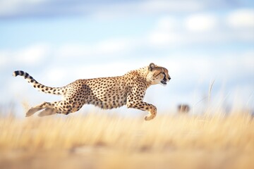 cheetah sprinting across savanna in pursuit