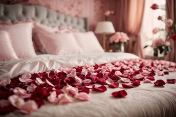 Obraz na płótnie Canvas Surprise flower Petals on the bed decoration for valentine's day