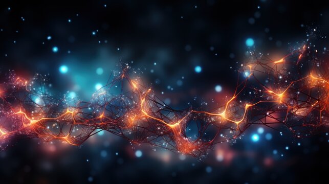  a computer generated image of a network of orange and blue lights on a dark blue background with snow flakes.