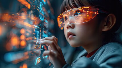 children wearing a glasses for control applications on multimedia augmented reality screen projection. Concept of AR and VR future technology.