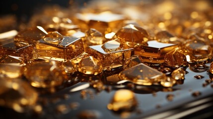  a pile of yellow diamonds sitting on top of a black table next to a pile of other pieces of gold.