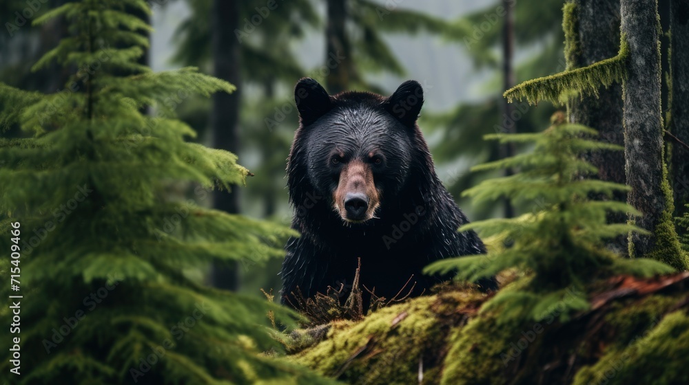 Poster a large black bear standing in the middle of a forest with lots of green trees and moss on the groun