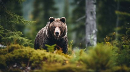  a brown bear walking through a forest filled with lots of green trees and tall grass and trees in the background.